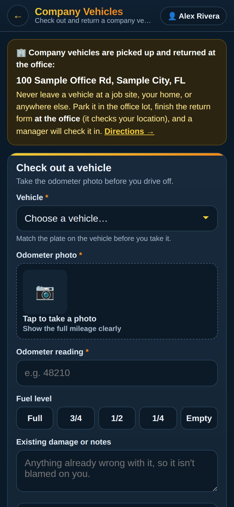 Company Vehicles screen